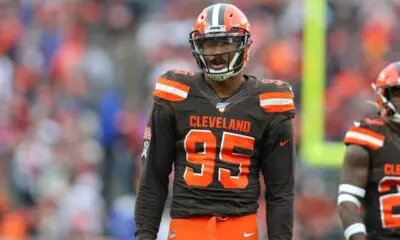 CLEVELAND, OH - NOVEMBER 10: Cleveland Browns defensive end Myles Garrett (95) on the field during the fourth quarter of the National Football League game between the Buffalo Bills and Cleveland Browns on November 10, 2019, at FirstEnergy Stadium in Cleveland, OH. (Photo by Frank Jansky/Icon Sportswire)